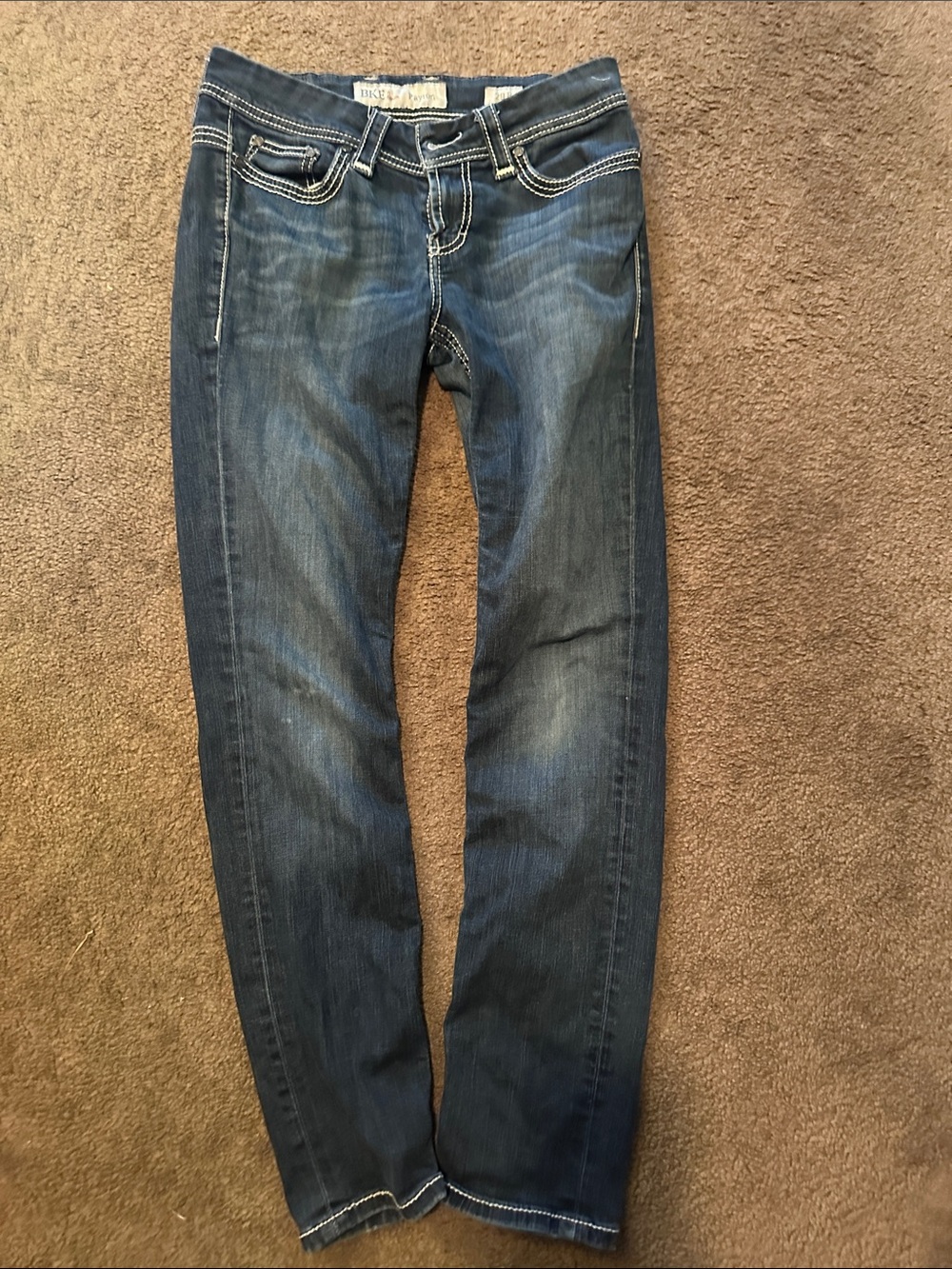 BKE Women's Blue Straight Leg Jeans with Contrast Stitching